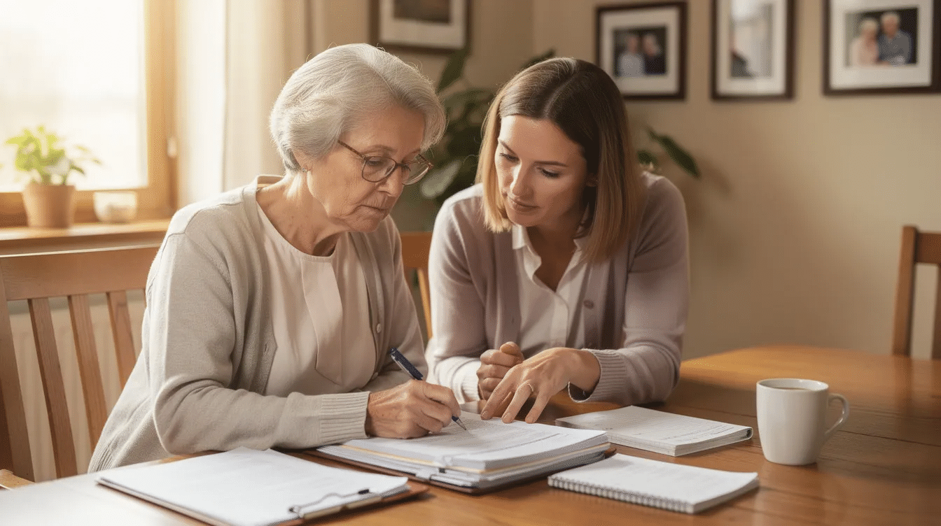 An elderly woman and her adult daughter are seated at a dining room table, reviewing paperwork related to Medicaid eligibility and qualified income trust options. The scene conveys a sense of collaboration as they navigate important documents that may impact the mother's Medicaid benefits and medical expenses.
