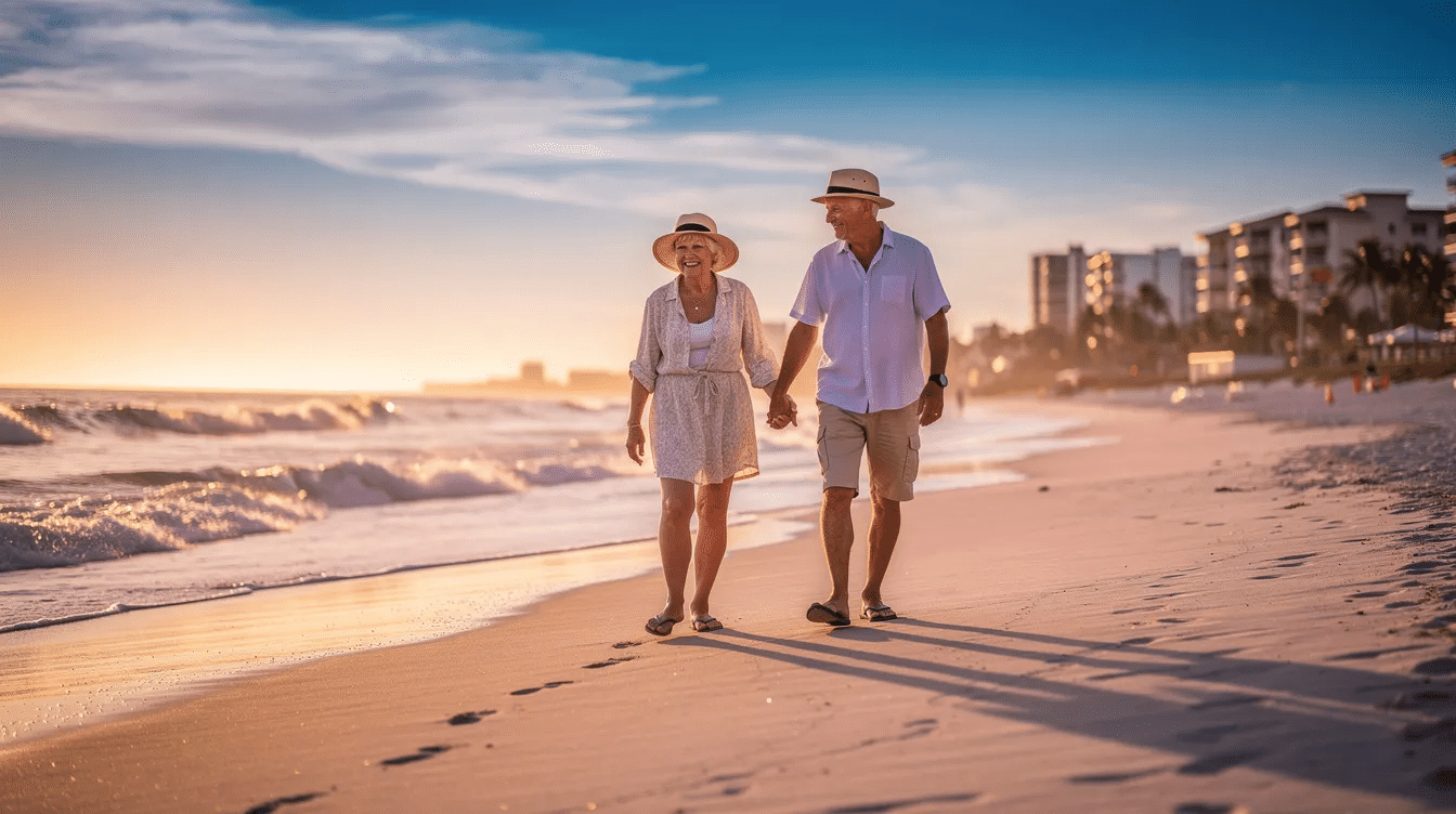 An elderly couple strolls hand-in-hand along a sunny Florida beach during golden hour, enjoying the warmth of the setting sun. This peaceful scene highlights the importance of planning for the future, as seniors and their families often seek guidance from experienced elder law attorneys for estate planning and Medicaid benefits.