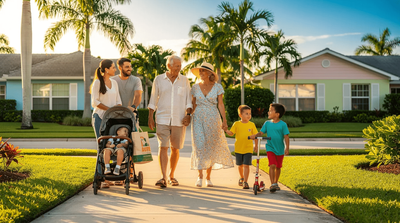 A multigenerational family strolls together along a sunny sidewalk in a South Florida neighborhood, showcasing the bonds of family as they enjoy their time outdoors. The scene reflects the themes of togetherness and support, reminiscent of the connections that can be important in matters of intestate succession and estate administration.