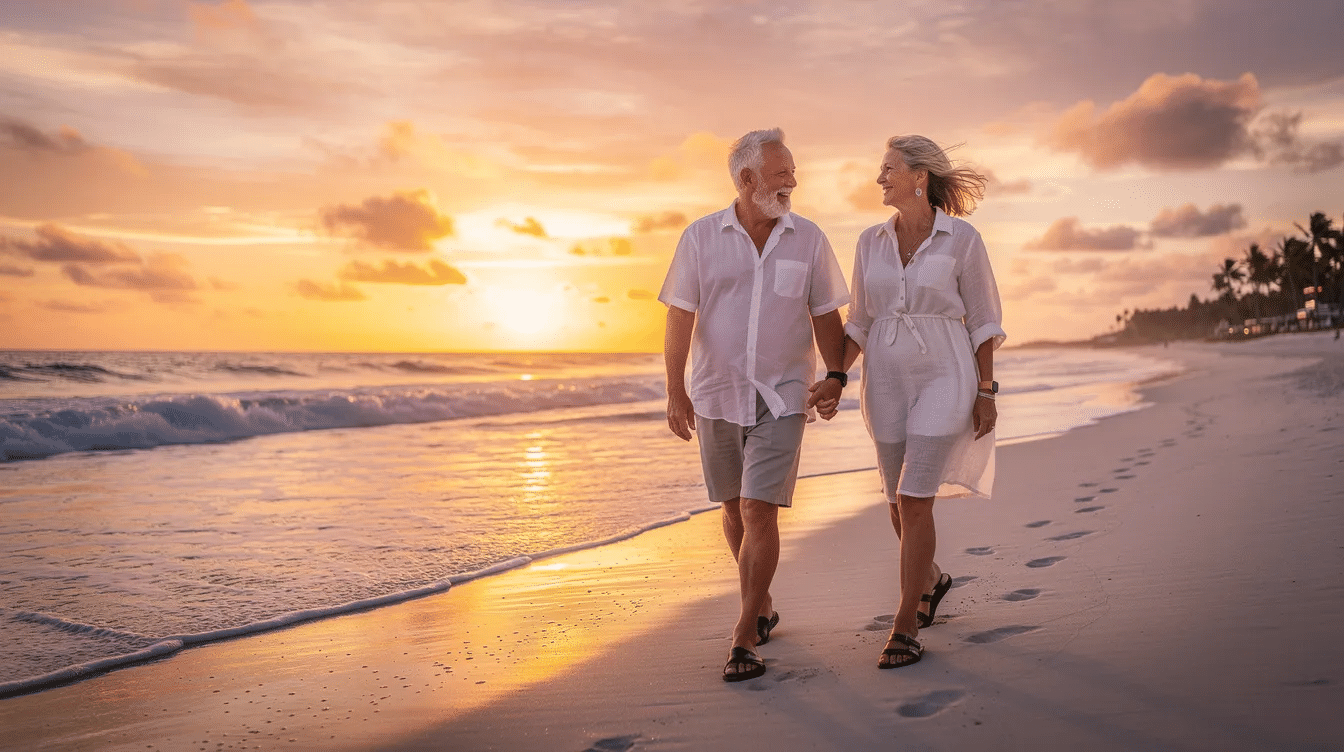 An older couple strolls hand-in-hand along a sunny Florida beach at sunset, with vibrant orange and pink hues reflecting off the gentle waves. The scene captures a moment of tranquility and companionship, reminiscent of the importance of planning ahead for estate assets and ensuring a smooth probate process when the time comes.