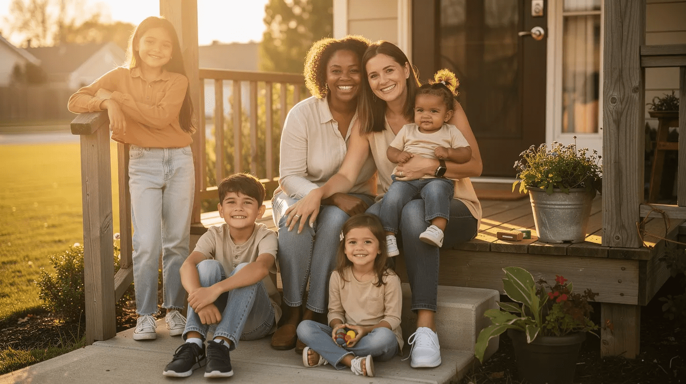 The image depicts a blended family sitting together on a porch, consisting of parents and children of various ages, showcasing their close bond and unity. This scene highlights the importance of family connections, which can be significant in matters of intestate succession and the distribution of a decedent's estate.