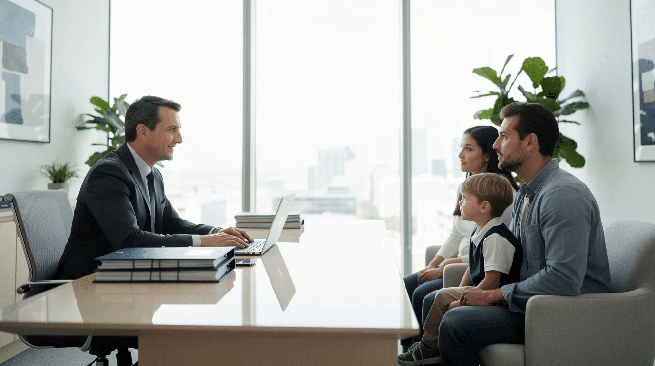 The image depicts a professional meeting in a bright, modern office, where an elder law attorney is discussing Medicaid planning tools with a family. They are reviewing documents related to qualified income trusts and Medicaid eligibility, emphasizing the importance of managing excess income to avoid jeopardizing Medicaid benefits.