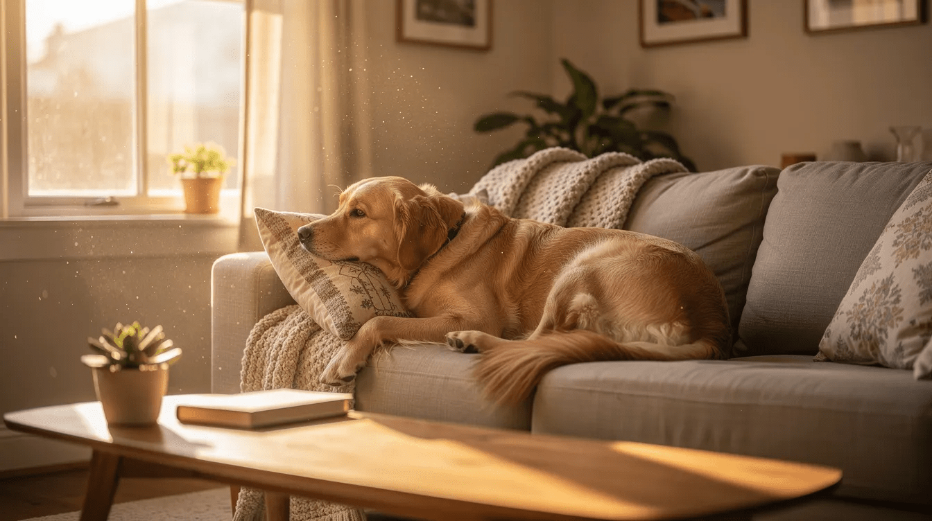 A golden retriever is peacefully resting on a couch in a sunlit living room, surrounded by warm light that highlights its golden fur. This serene scene captures the essence of comfort and companionship, much like the personalized solutions offered by estate planning attorneys in Boca Raton, ensuring the security of families' futures.