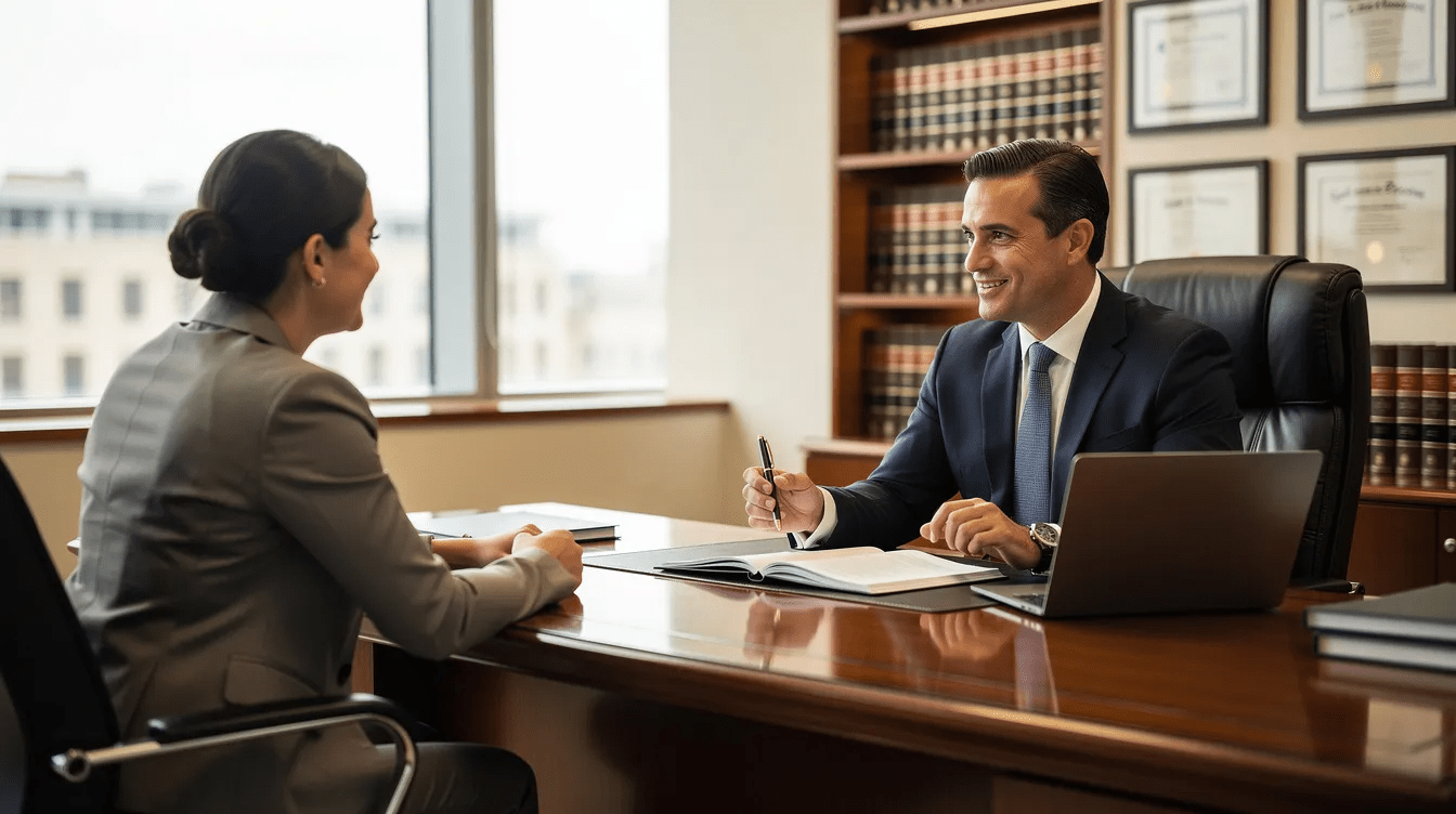The image depicts an attorney in a professional office setting, engaged in a meeting with a client across a desk, discussing matters related to the probate estate and the estate administration process following a decedent's death. The atmosphere conveys a sense of seriousness as they navigate topics such as estate assets and the legal responsibilities of the personal representative.