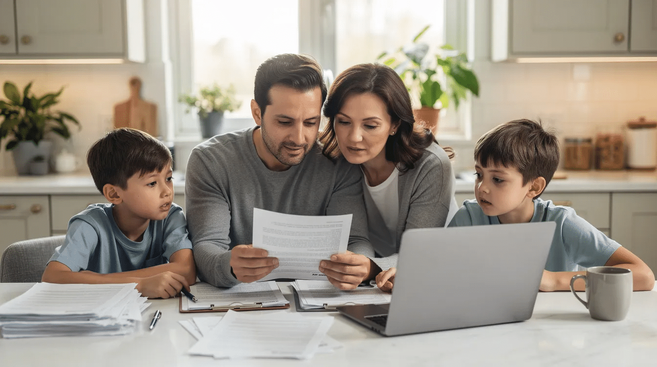 A family gathers around a kitchen table, reviewing important documents related to Medicaid eligibility and planning, with a laptop open nearby, suggesting they are discussing Florida Medicaid programs and financial requirements for elder care. The atmosphere is focused and collaborative, highlighting the importance of informed decision-making in managing medical assistance and community-based services.