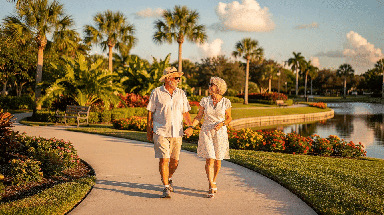A senior couple strolls hand-in-hand through a sunny Florida park, surrounded by lush greenery and vibrant flowers, symbolizing the joy of companionship and the importance of planning for their family's future. This scene reflects the essence of estate planning and the value of nurturing relationships as they navigate the legal aspects of their lives together.