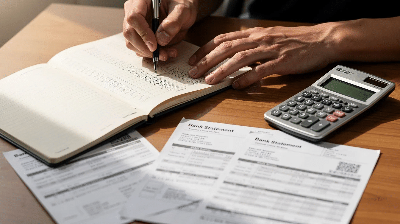 A person's hands are writing figures in a ledger, surrounded by a calculator and bank statements on a desk, illustrating the meticulous process of managing finances for Medicaid eligibility, including tracking medical expenses and income limits. This scene highlights the importance of careful documentation for Medicaid applicants and recipients to ensure they do not jeopardize their benefits.