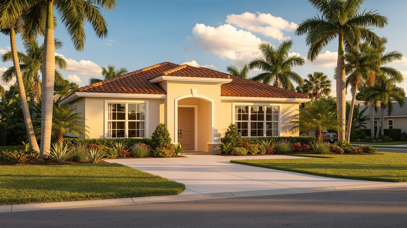 A picturesque single-story stucco home with a red tile roof is nestled among palm trees in a Florida neighborhood, symbolizing a tranquil family environment. This setting reflects the importance of having a comprehensive estate plan to protect assets and ensure the family's future, including essential estate planning documents and thoughtful decisions regarding loved ones.