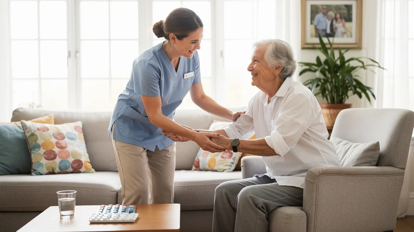 A home health aide is assisting a senior in a bright living room, helping with daily activities such as personal care assistance. This scene highlights the importance of community-based services for elderly individuals, which can be vital for those navigating Medicaid eligibility and other government benefits.