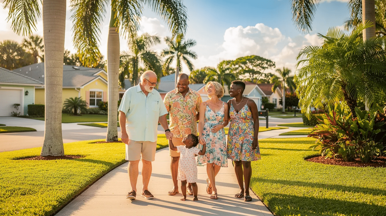 A multigenerational family strolls together along a sunny, tree-lined sidewalk in a Florida neighborhood, embodying the importance of thoughtful estate planning for their family's future. This scene highlights the significance of having an estate planning attorney to guide families in creating comprehensive estate plans that protect their assets and ensure their personal wishes are honored.