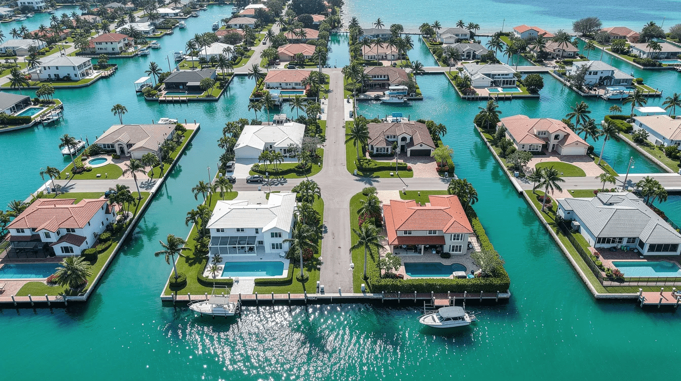 An aerial view showcases elegant waterfront homes and winding canals in a picturesque South Florida coastal neighborhood, highlighting the luxurious lifestyle often associated with Boca Raton and Palm Beach County. This image reflects the serene beauty of the area, which is ideal for families seeking comprehensive estate planning and legal services to protect their assets and secure their family's future.