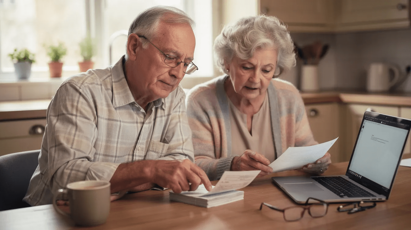 An elderly couple sits at a kitchen table, reviewing paperwork together with reading glasses on, while a laptop is nearby. They appear to be discussing important documents related to health insurance options, possibly concerning Medicaid eligibility and the application process for medical assistance.