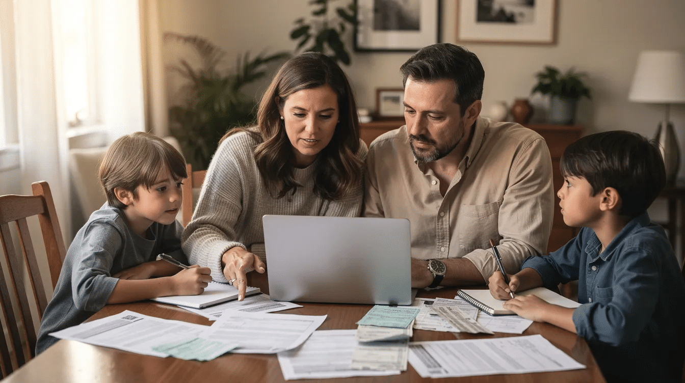 A family is gathered around a dining table, reviewing paperwork and using a laptop, likely discussing the probate process and managing the deceased person's assets. The scene reflects the important legal steps involved in estate planning and the necessary documentation for probate proceedings.