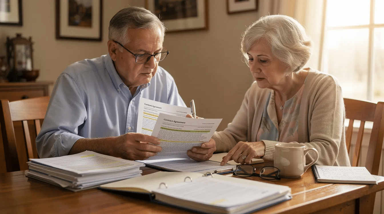 An elderly couple sits at a dining table, closely reviewing legal documents related to estate planning, including an enhanced life estate deed. They appear engaged and focused, highlighting the importance of understanding property transfers and the benefits of avoiding probate through proper documentation.