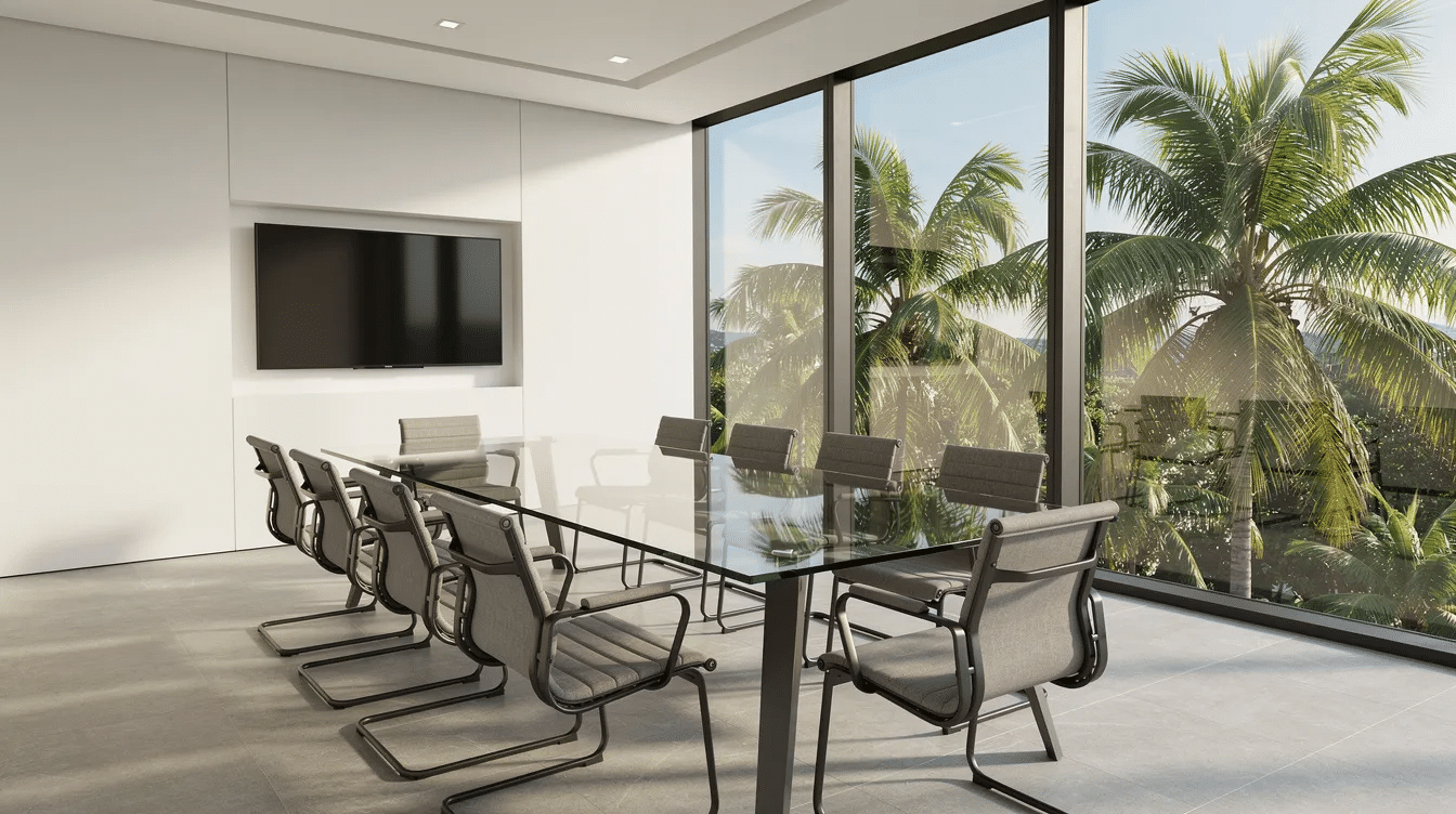 The image depicts a modern professional office meeting room featuring a large conference table surrounded by ergonomic chairs, with a view of palm trees visible through the windows. This setting is ideal for discussions on estate planning, such as drafting legal documents for revocable living trusts or managing complex assets.