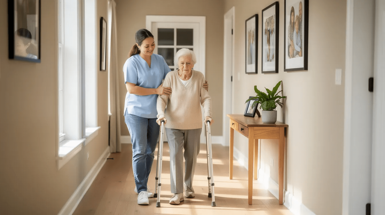 A caregiver is helping an elderly person walk through a brightly lit hallway in their home, emphasizing the importance of community-based services and support for individuals eligible for Medicaid. The scene highlights the compassionate assistance often needed by seniors in navigating their daily lives.