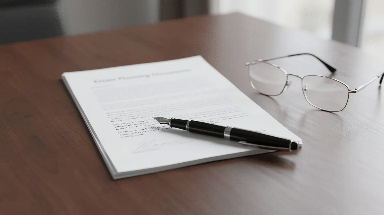 The image depicts a professional desk featuring various estate planning documents, a sleek pen, and reading glasses, all essential tools for managing property ownership and preparing for estate deeds, including enhanced life estate deeds and lady bird deeds. The organized setup suggests a focus on facilitating smooth property transfers and avoiding probate for estate recovery.