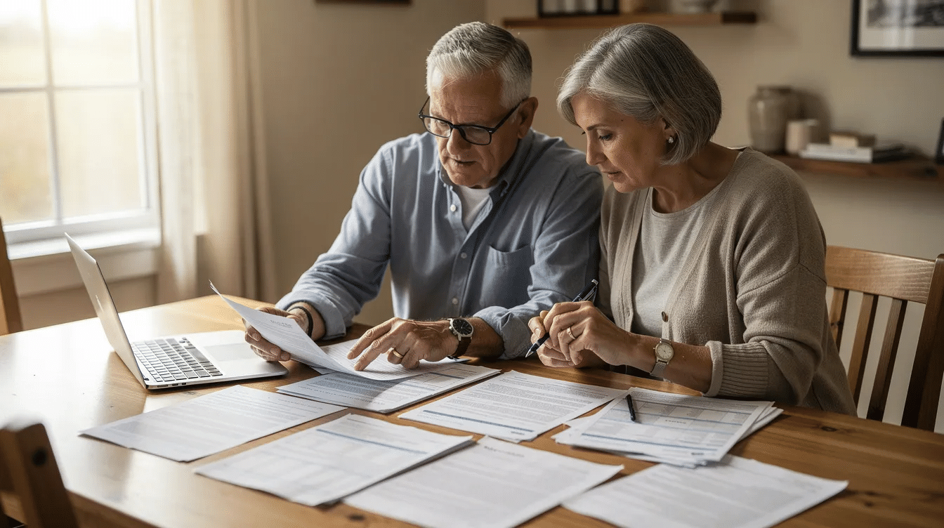An older couple is sitting together at a dining table, reviewing important estate planning documents in natural light. They appear focused as they discuss their wishes regarding asset distribution and healthcare directives, highlighting the importance of planning for their family's future.