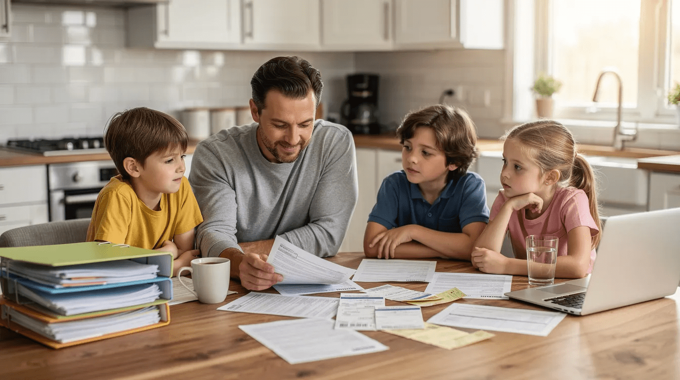 A family is gathered around a kitchen table, reviewing paperwork and documents related to the decedent's estate after a recent death. They are discussing important matters such as probate assets, bank accounts, and the estate administration process, indicating their role in managing the deceased's property and ensuring that the estate beneficiaries are properly informed.