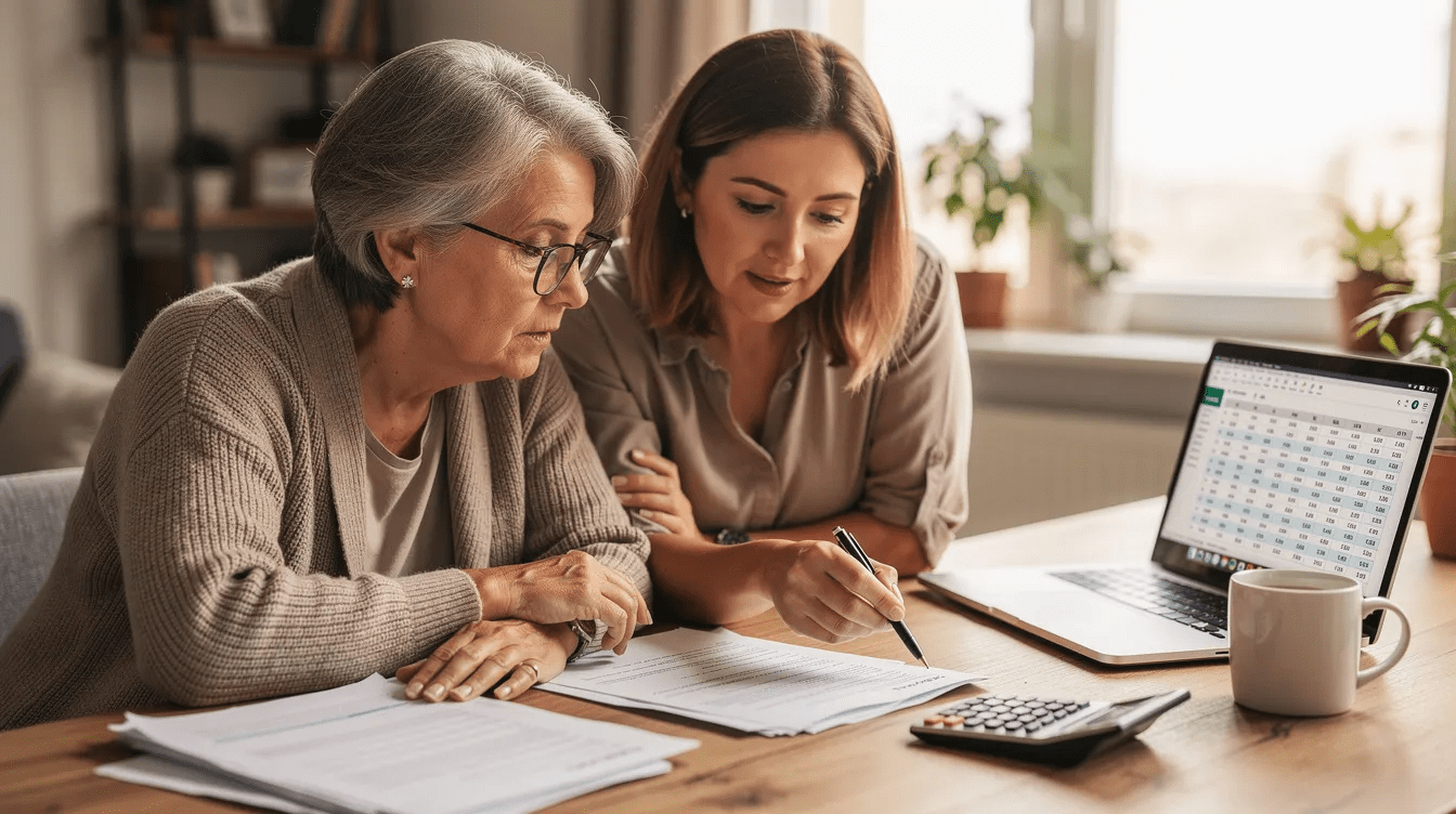 A senior woman and her adult daughter are sitting at a desk, closely reviewing financial documents related to health care coverage, including Medicaid eligibility and Medicare premiums. They appear focused and engaged, discussing important aspects of the Medicaid program and how to apply for Medicaid services.