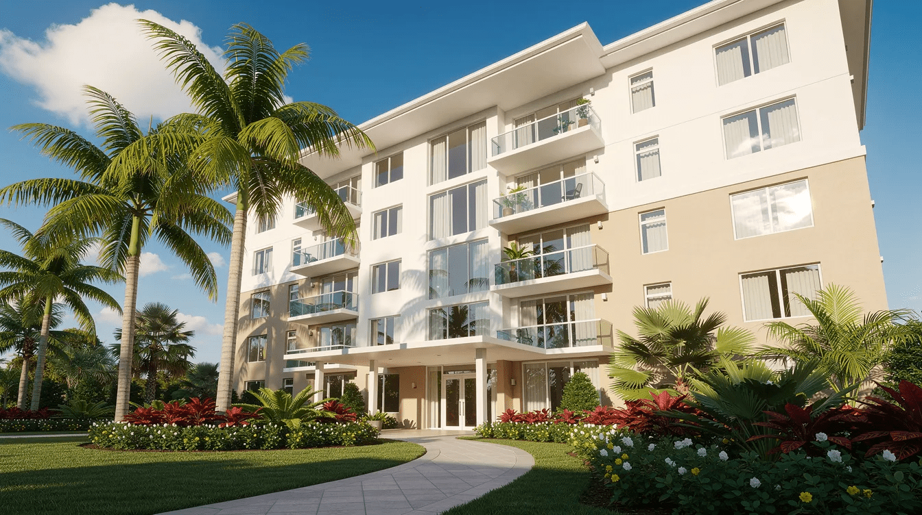 The image depicts the exterior of a Florida condo building surrounded by lush tropical landscaping under a clear blue sky, showcasing a vibrant and inviting atmosphere typical of Florida living. This scene reflects the lifestyle of Florida homeowners who may be considering estate planning options, such as a lady bird deed, to manage their property effectively.