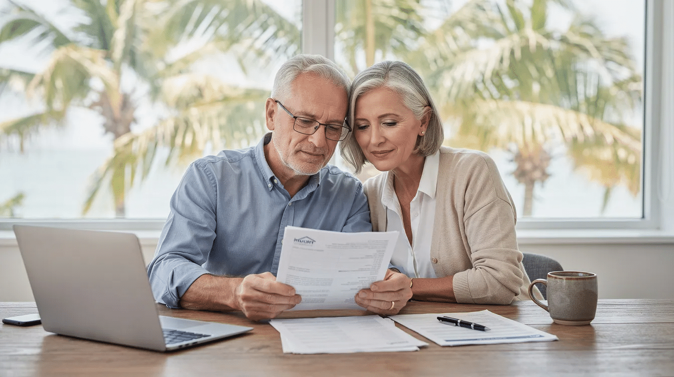 An older couple is seated at a desk, reviewing legal documents related to their estate planning, with palm trees visible through a nearby window. This scene reflects their focus on managing assets and ensuring a smooth transition of trust assets, such as bank accounts and real property, in accordance with Florida law.