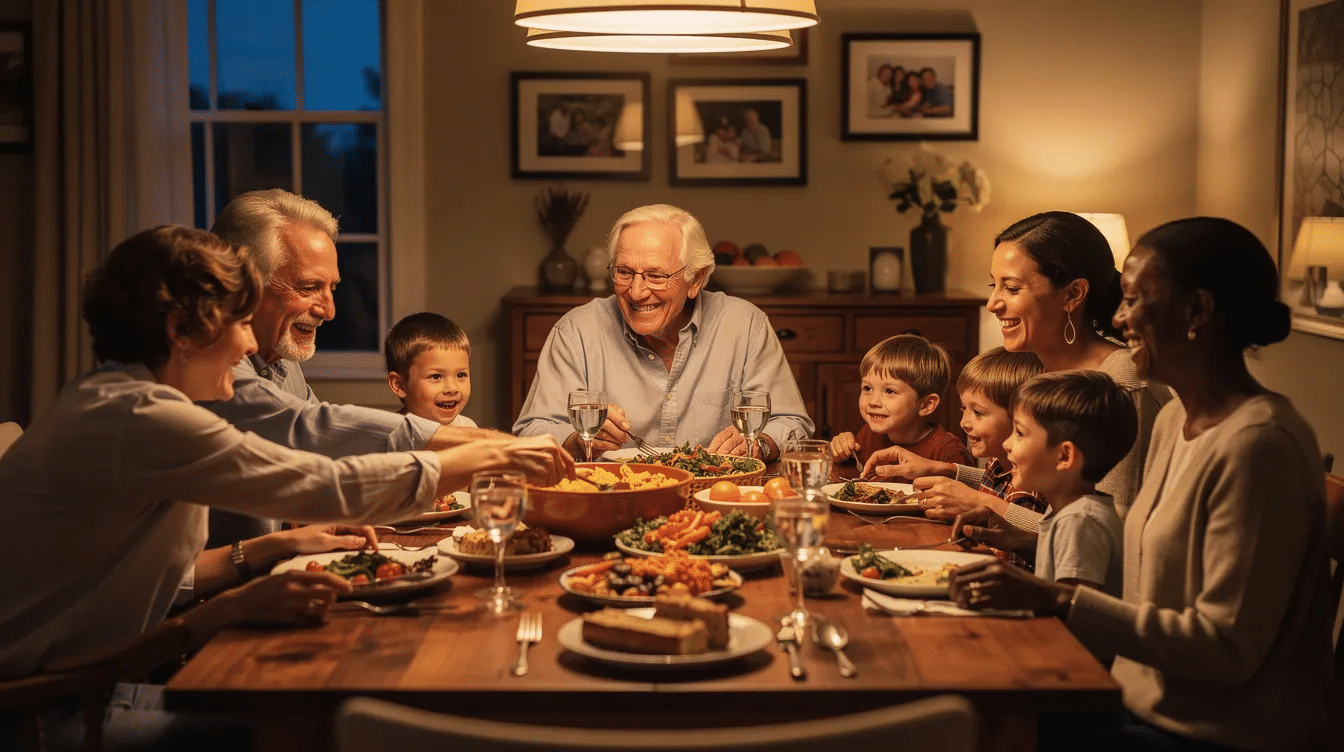 A multigenerational family is gathered around a dining table, enjoying a meal together and sharing laughter, symbolizing the importance of open communication and strong relationships among loved ones. This scene reflects the essence of family bonds and the need for essential discussions about estate planning to secure their future and legacy.