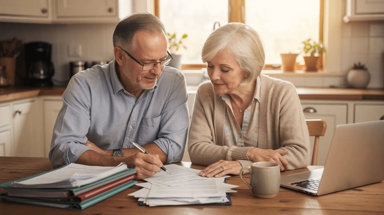 An older couple is sitting together at a kitchen table, reviewing important paperwork related to their estate planning needs. They appear focused and engaged as they discuss their financial affairs and future plans, highlighting the importance of legal documents in securing their family's future.