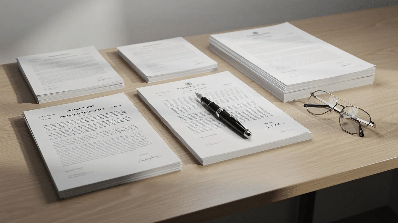 The image features neatly organized legal documents, a pen, and reading glasses placed on a clean wooden desk, symbolizing the careful preparation of an estate planning checklist. This setup reflects the importance of thoughtful estate planning for managing financial assets and ensuring the family's future.