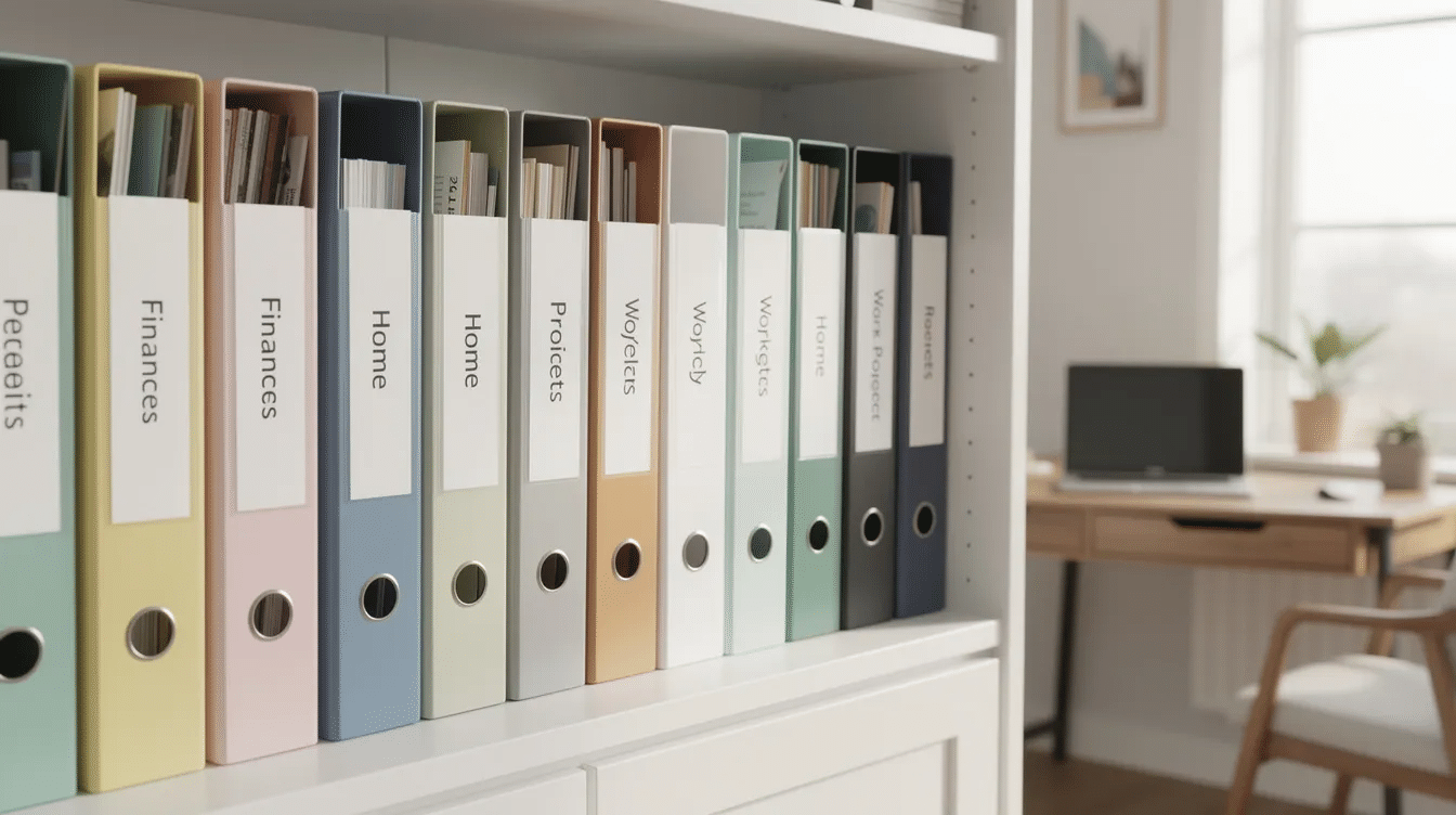 The image shows a neatly organized filing system in a home office, featuring labeled folders and binders on a shelf, which may include important documents related to Medicaid eligibility, such as a qualified income trust and medical expenses. This setup suggests a focus on effective Medicaid planning and management of medical bills.