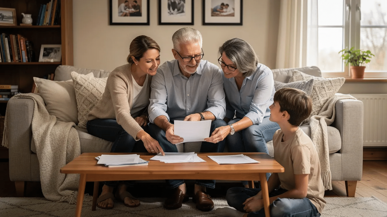 In a cozy living room, a senior is seated with family members as they collaboratively review important documents, likely related to estate planning and elder law, ensuring their loved ones are prepared for future needs and legal decisions. The atmosphere is warm and supportive, highlighting the importance of family involvement in navigating legal strategies for financial security and Medicaid planning.