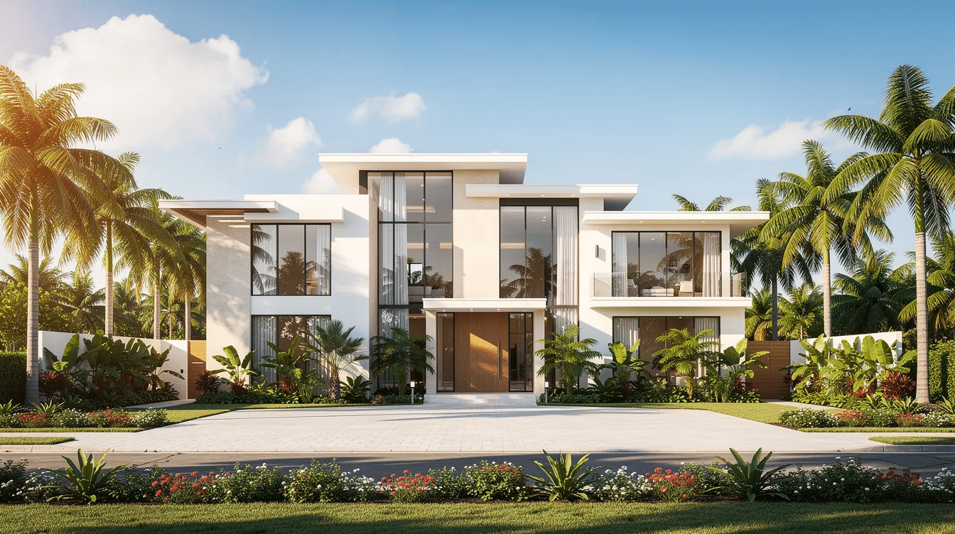 The image depicts a modern South Florida house with a palm tree-lined driveway under a bright sunny sky, showcasing a tranquil and inviting atmosphere. This beautiful property could be part of a deceased person's assets that may require probate if not properly planned through estate planning.