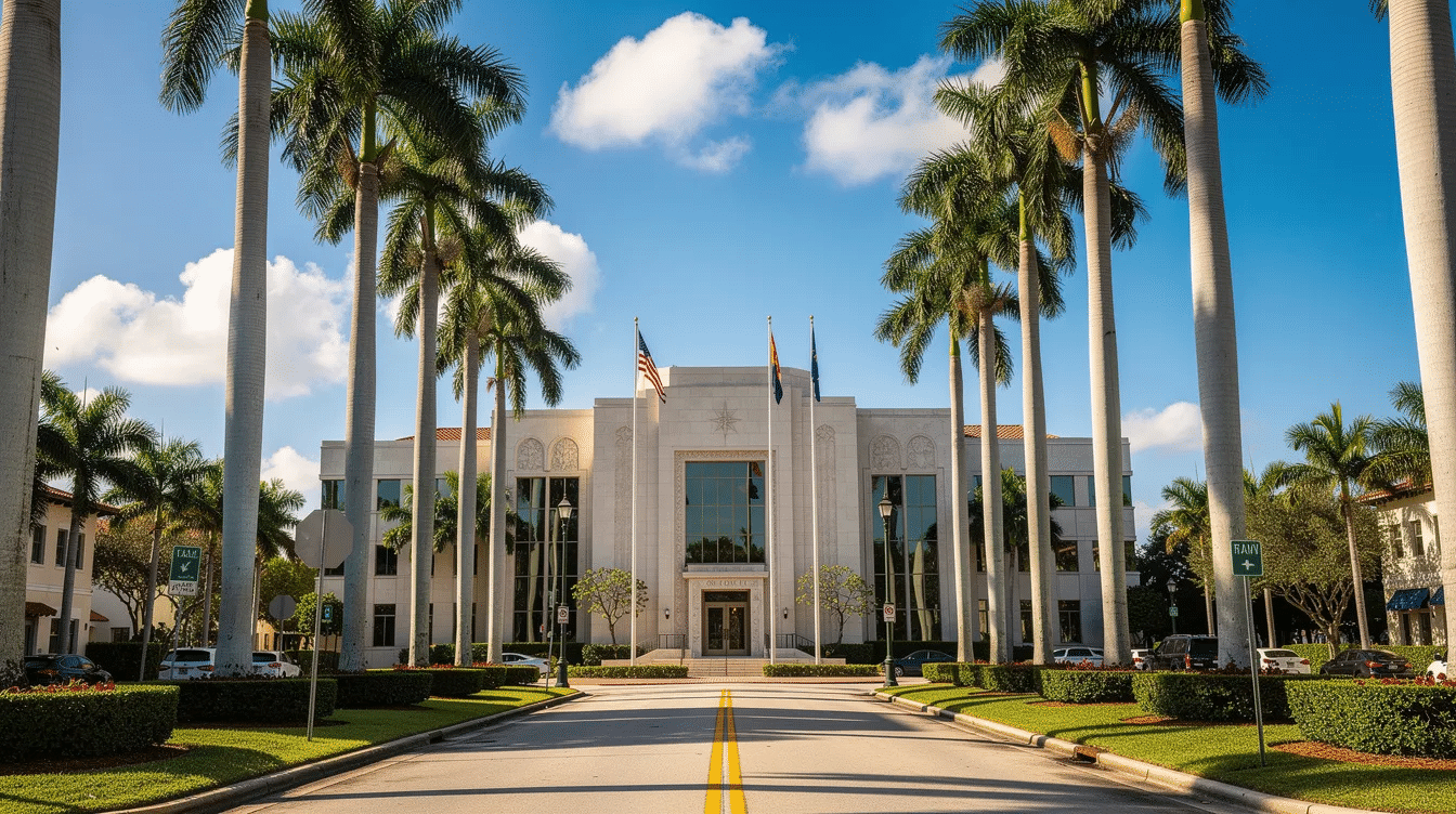 The image depicts a palm-tree-lined street in front of a South Florida county courthouse, showcasing a blend of natural beauty and legal significance. This setting is often associated with important matters such as estate planning, where individuals discuss their wishes and prepare essential documents regarding their assets and beneficiaries.