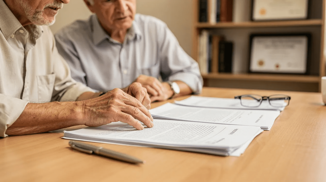An older couple sits at a desk, reviewing legal documents related to estate planning, with a pen and glasses placed nearby. They are likely discussing options such as the Florida lady bird deed or enhanced life estate deed to ensure smooth property transfers and avoid probate.