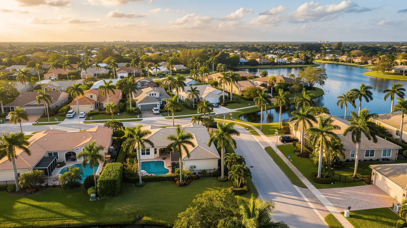 An aerial view captures a vibrant South Florida residential neighborhood filled with palm trees and single-family homes, showcasing the serene environment where property owners reside. This image reflects the essence of community living, where homeowners may consider legal documents like transfer on death deeds for estate planning and property transfer to beneficiaries.