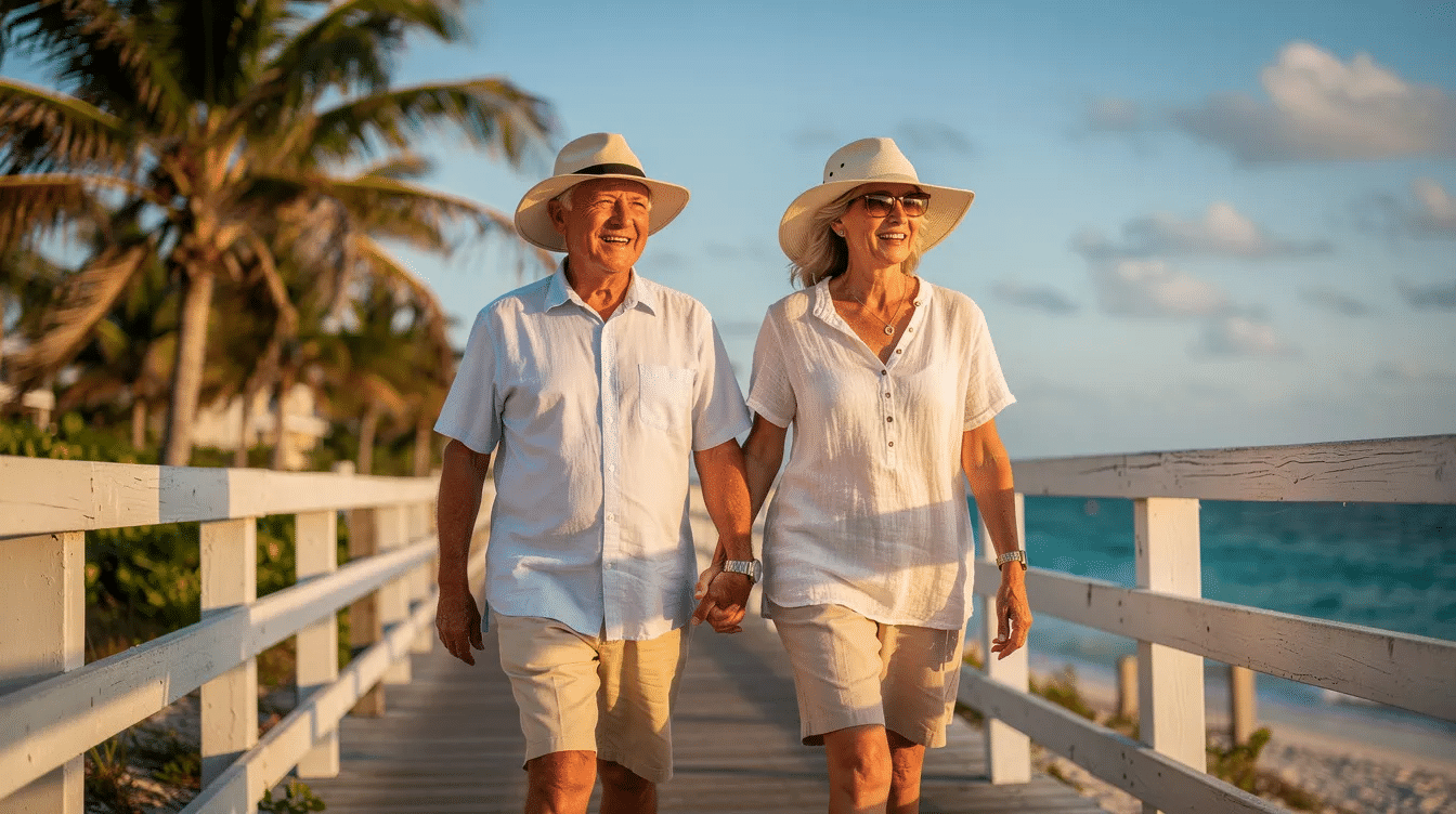 An elderly couple strolls hand in hand along a sunny Florida boardwalk, with the ocean waves gently lapping nearby. They are enjoying their time together, embodying the warmth of companionship often sought by Florida residents navigating elder law and Medicaid eligibility.