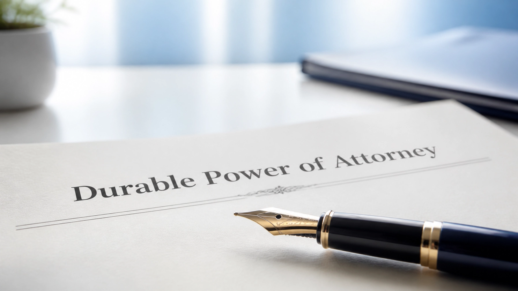 A fountain pen resting on a Durable Power of Attorney document, emphasizing the importance of correct legal execution.