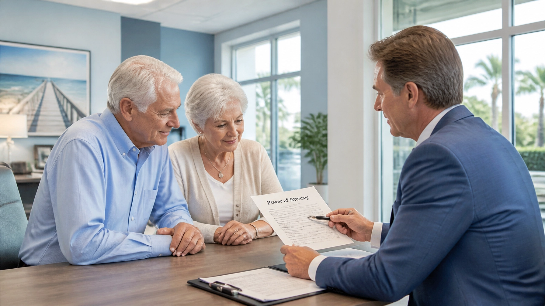 An elderly couple discussing a Power of Attorney document with a professional attorney in a bright, blue-toned office.