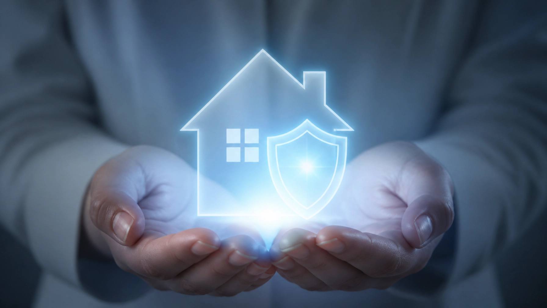 Abstract image of hands protecting a glowing blue shield and house, symbolizing legal security and legacy preservation.