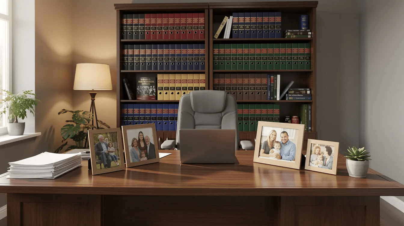 The image depicts a warm and inviting professional office space, featuring a desk adorned with family photos and shelves lined with legal binders, reflecting the firm's focus on estate planning and legal services for families in South Florida. This environment emphasizes the importance of personal relationships and trust administration in assisting clients with their estate and tax planning needs.