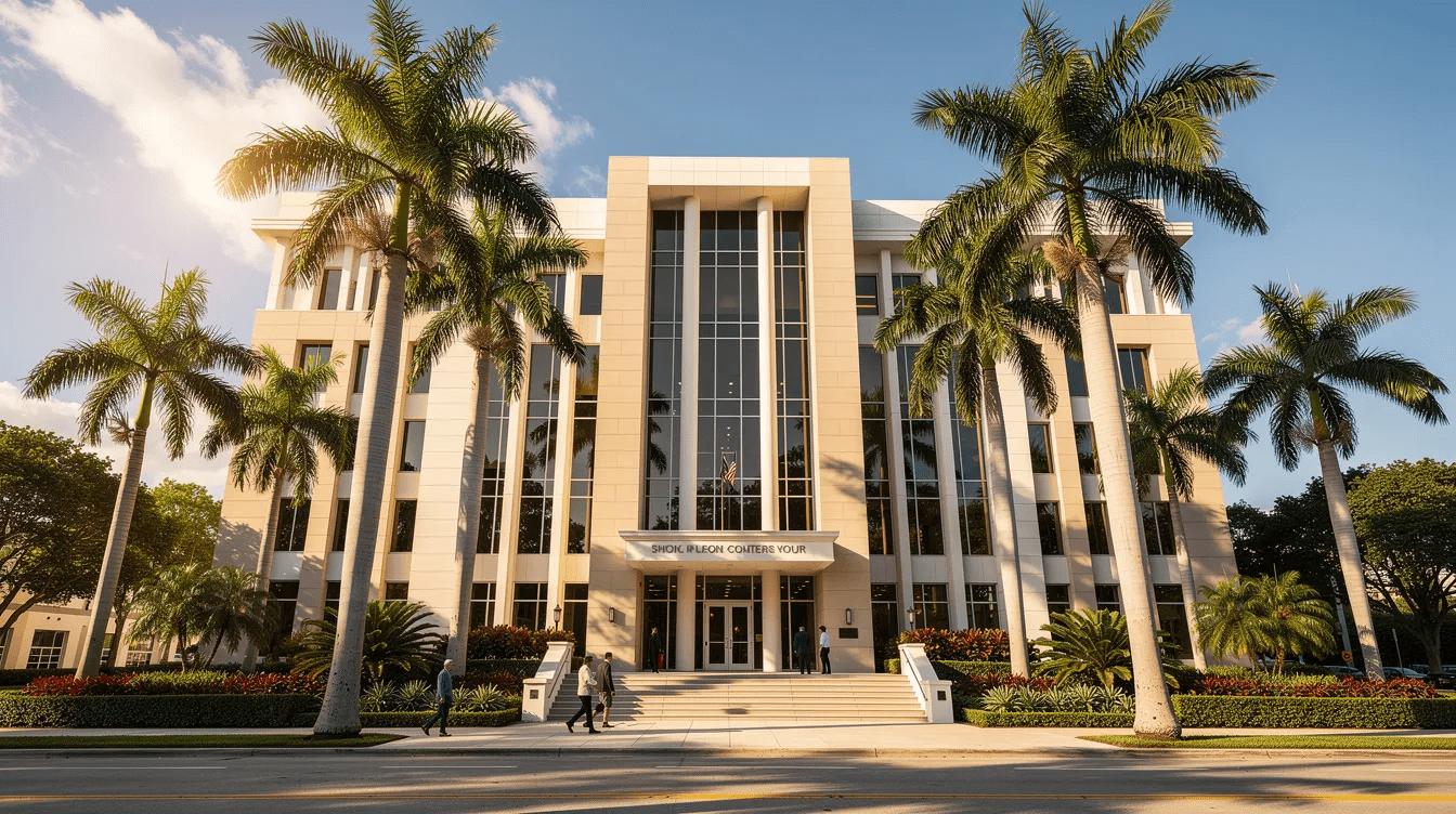 The image depicts a courthouse building in South Florida, surrounded by palm trees, symbolizing the legal processes involved in estate administration, such as probate court proceedings and the management of a decedent's estate after someone dies. The architecture reflects the importance of legal matters like wills and inheritance in a vibrant, tropical setting.