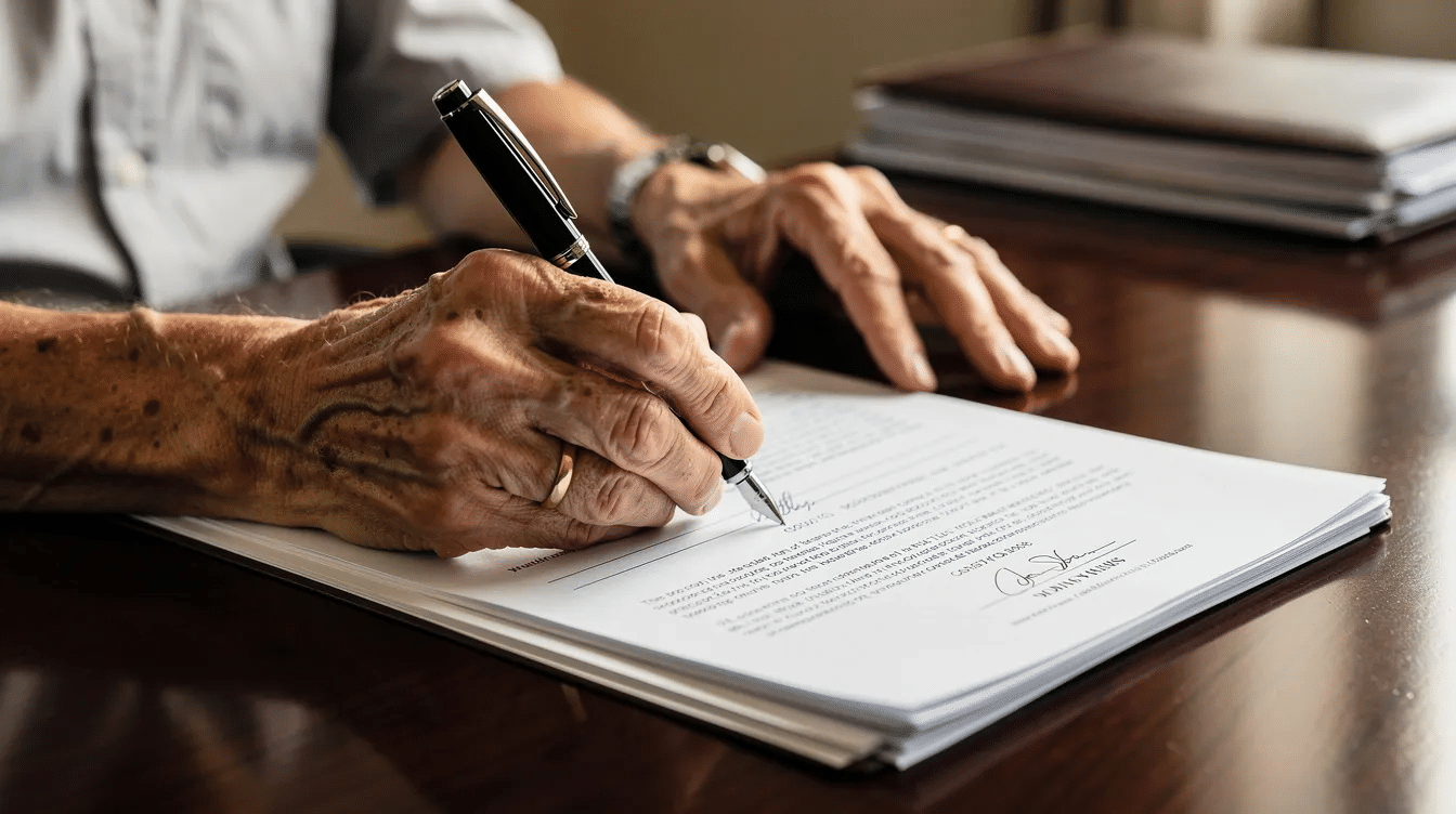 A close-up of an older person's hands signing important documents on a polished wooden desk, emphasizing the significance of legal planning for their future and estate. This scene reflects the crucial role of elder law attorneys in assisting seniors and their families with comprehensive estate plans and medicaid planning to protect their assets and ensure financial security.