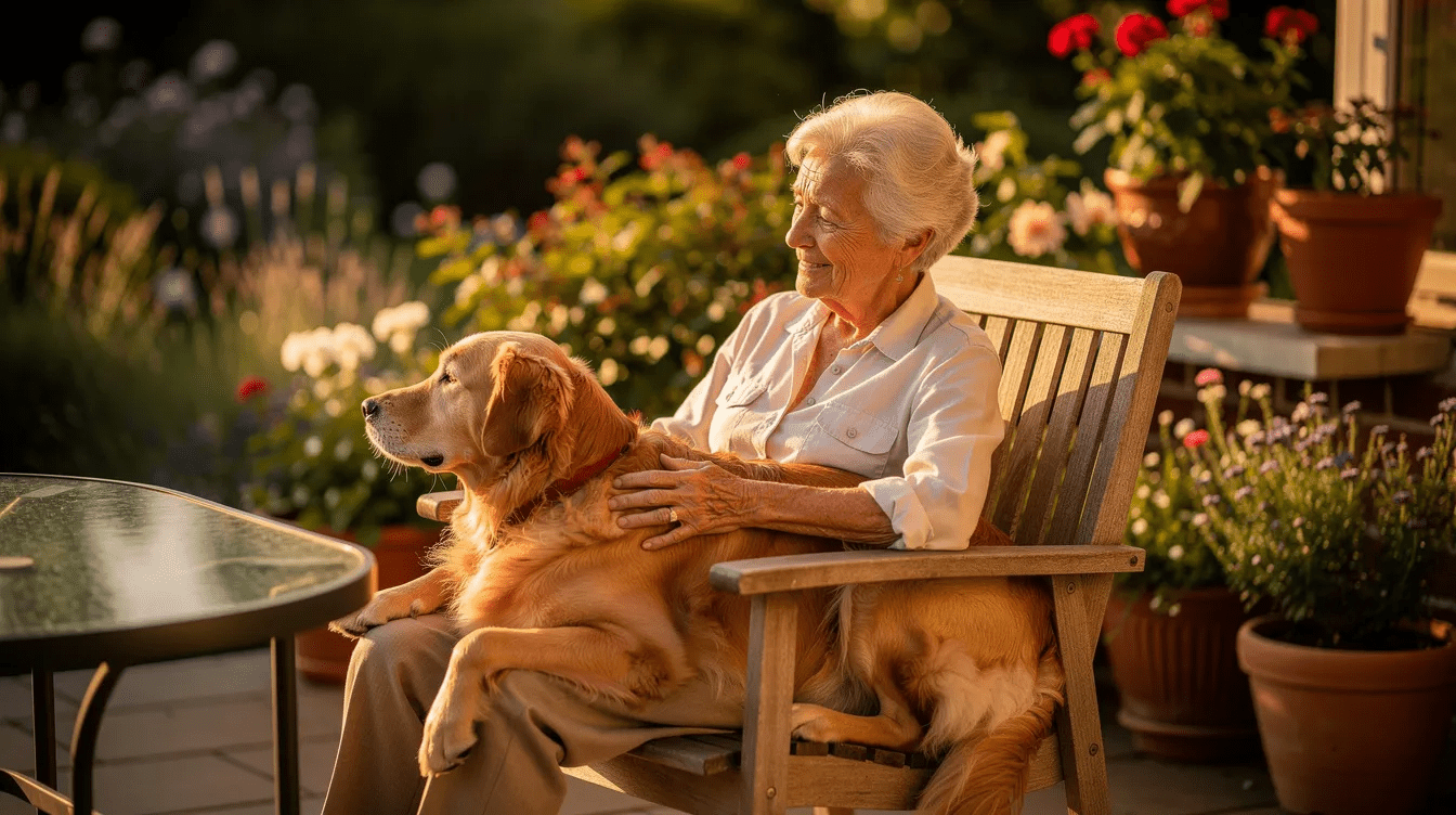 An elderly woman sits comfortably on a sunlit patio, enjoying the company of a golden retriever by her side. The warm atmosphere reflects a peaceful moment, perhaps reminiscent of the love shared with a deceased spouse, highlighting the bonds that endure despite the passage of time.