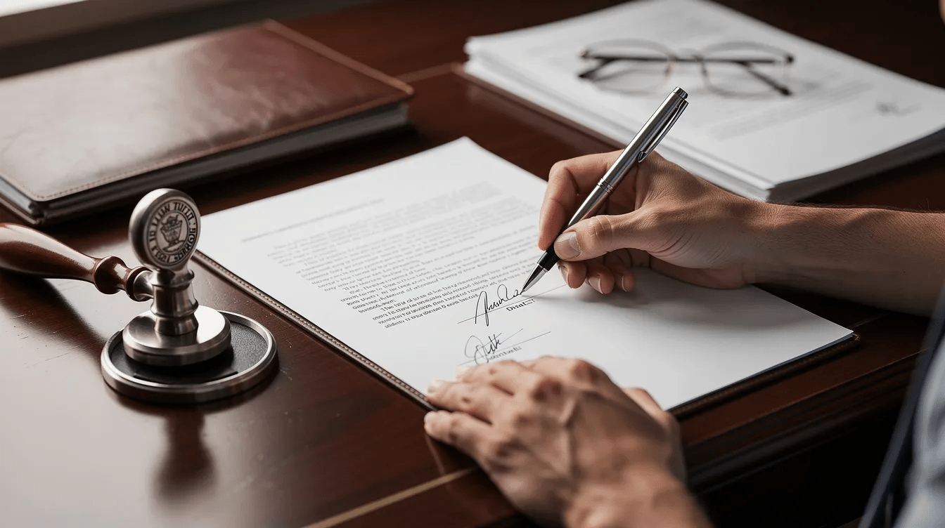 A person is signing a legal document at a wooden desk, with a notary stamp and pen prominently displayed. This scene could relate to the creation of a lady bird deed, which is a common estate planning tool in Florida, allowing property transfers while avoiding probate.