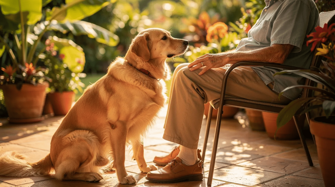 An older person sits on a sunny patio beside a dog, surrounded by lush tropical plants, enjoying a peaceful moment together. This serene scene highlights the importance of family and companionship, which can be vital during the estate planning process, especially when considering the well-being of loved ones.