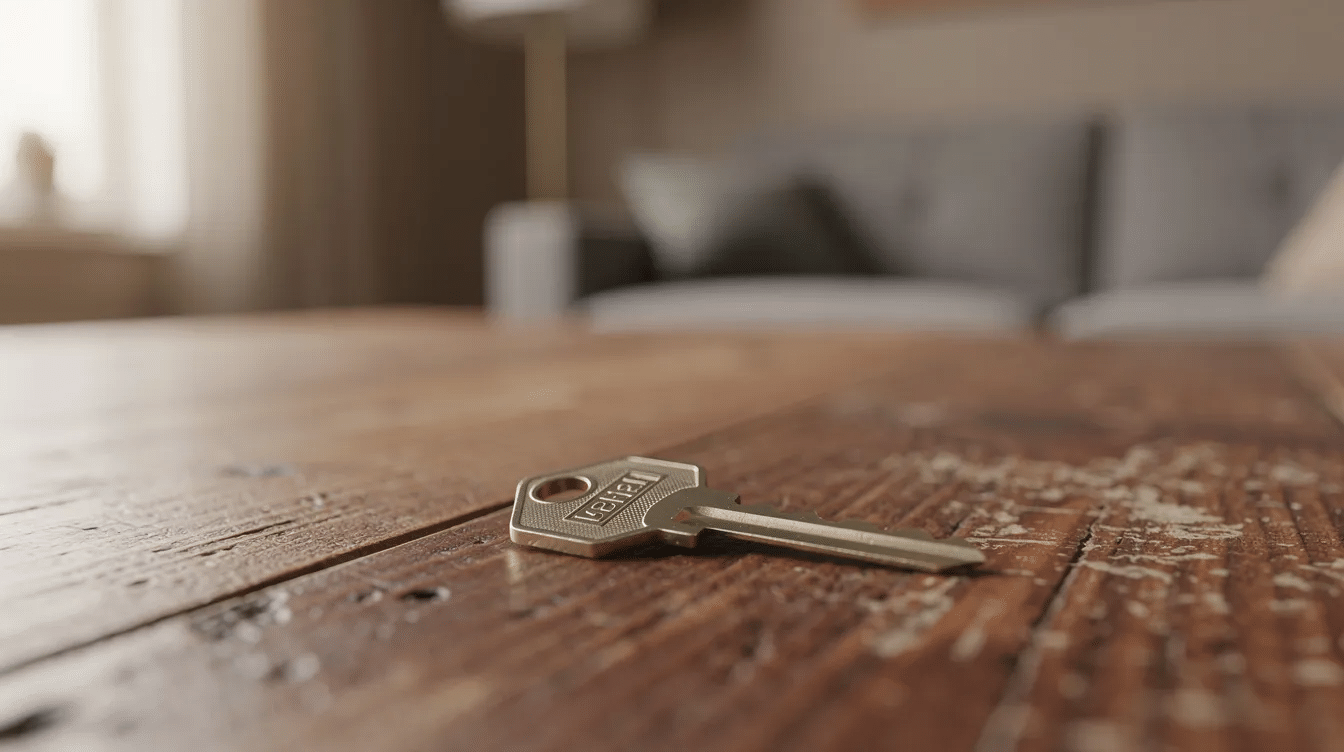 A single house key rests on a wooden table, with a blurred background of a cozy living room, symbolizing the importance of estate planning and managing trust assets in Florida. This image evokes thoughts of straightforward estate planning and the transfer of ownership for valuable personal property.