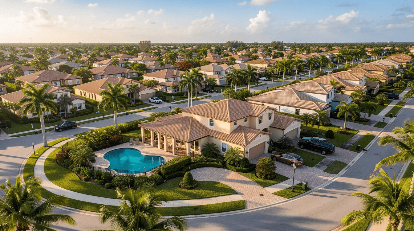An aerial view showcases a vibrant South Florida residential neighborhood filled with palm trees and single-family homes, epitomizing the relaxed lifestyle of Florida homeowners. This picturesque scene reflects the importance of estate planning tools, such as the lady bird deed, which can facilitate property transfers while avoiding probate.