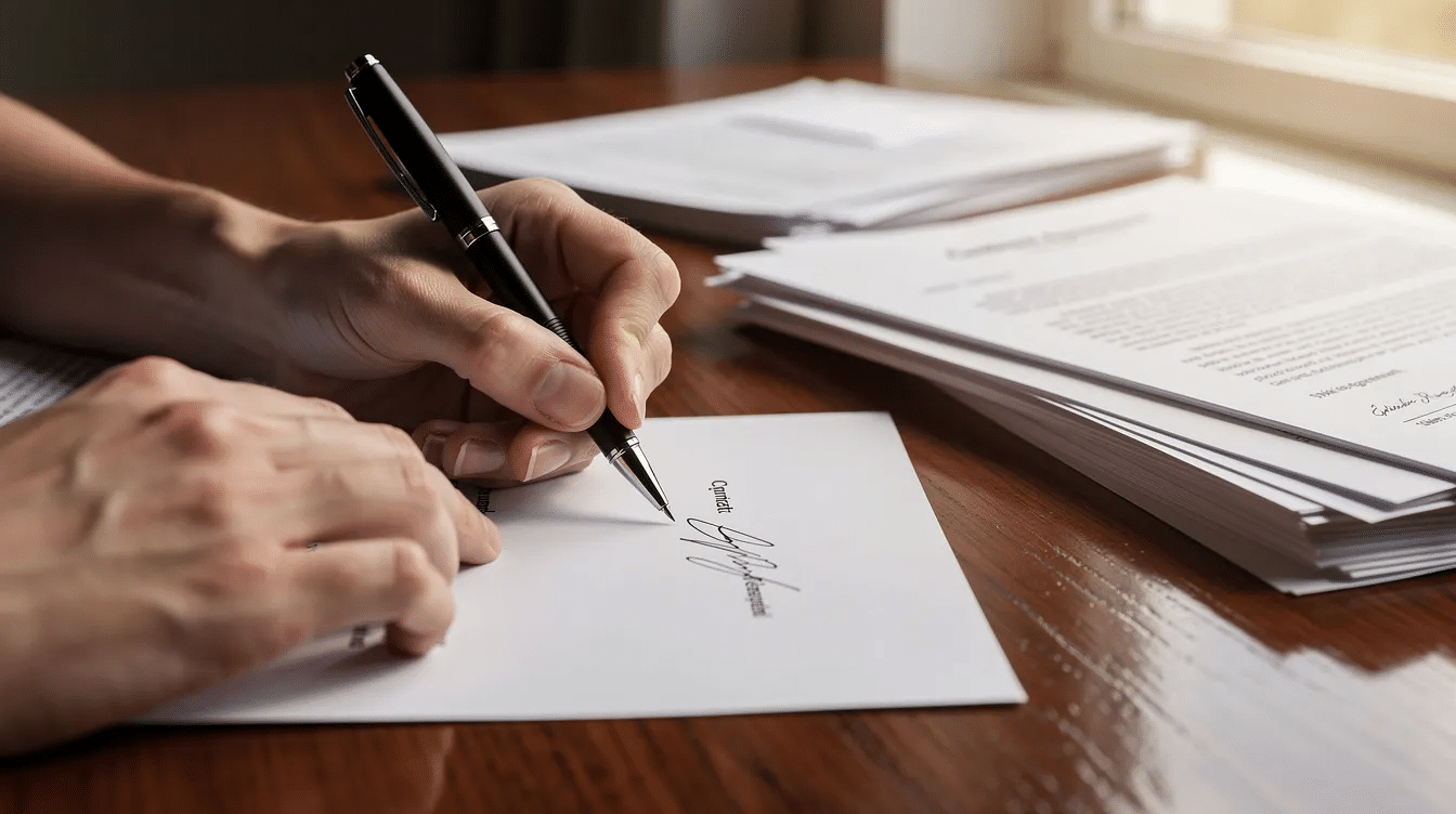 A close-up of a person's hands signing a legal document on a wooden desk, with a pen poised over a transfer on death deed that facilitates the transfer of real property to named beneficiaries upon the owner's death. The scene emphasizes the importance of estate planning and the legal implications of transferring ownership.