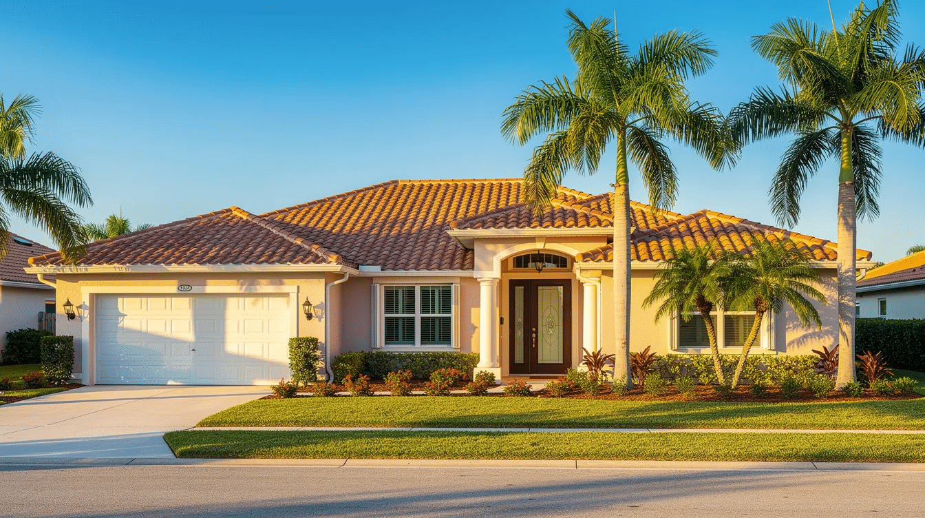 A charming single-story Florida home features a tile roof and is surrounded by lush palm trees under a bright blue sky on a sunny day. This picturesque setting exemplifies the essence of Florida living, perfect for homeowners considering estate planning options like an enhanced life estate deed or a lady bird deed.