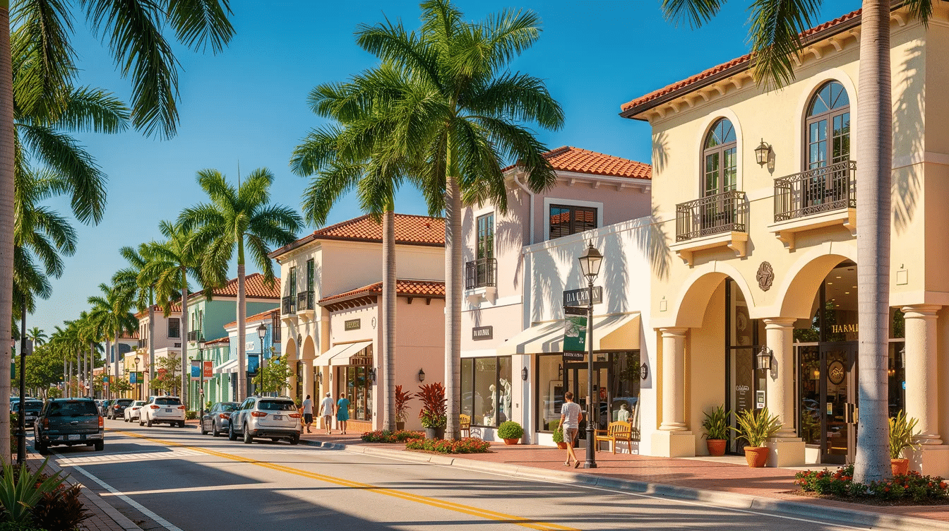 The image depicts a vibrant downtown Boca Raton street, lined with tall palm trees and featuring Mediterranean-style buildings under a bright, sunny sky. This picturesque scene reflects the charm of South Florida, a community known for its legal services in estate planning and real estate transactions.